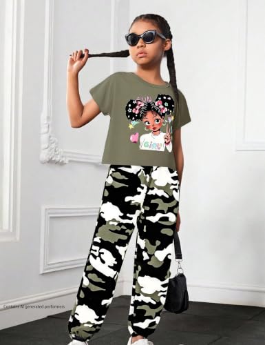 Image of mksodop Girls Outfit Set Graphic T Shirt and Camo Jogger Pants Cute Casual Clothes for Girls 5-16 Years