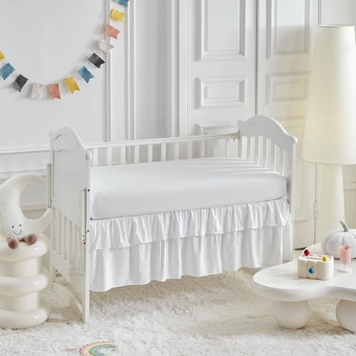 Image of Ruffled Crib Bedding Set Baby Boho Quilted Comforter with Fitted Sheet and Bed Skirt - Cute Soft Breathable Seersucker Ruffled Shabby Chic Bedding Soft Blanket Design - White