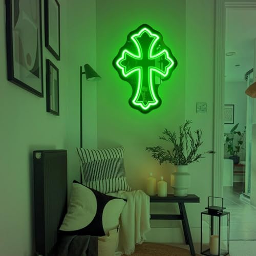 Image of Cross Gothic Y2K Cross Mirror Neon Sign, Birthday Gift, Gothic Wall Decor, Corss Bedroom Mirror Sign, Gift for Friends, Retro Wall Decoration, 16.5 inchx12 inch