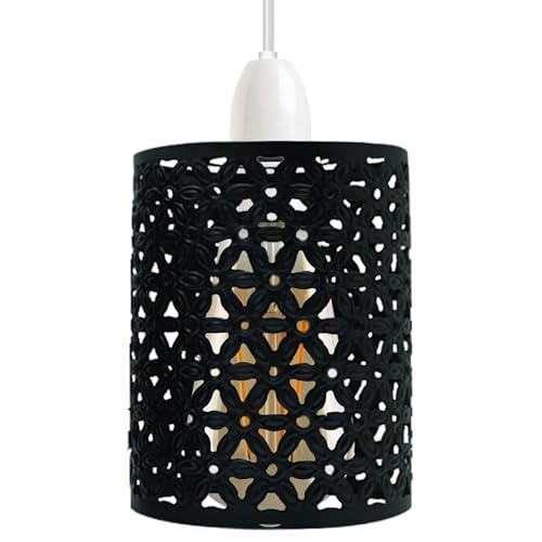 Image of Black Metal Cage Drum Lampshade Ceiling Pendant Light with Reducer Plate