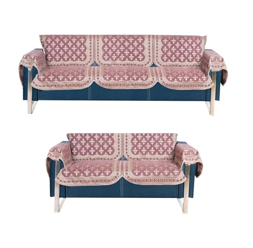 Image of Premium Chenille Woven Anti-Slip 3 Seater + 2 Seater Sofa Cover with Arm Rest | L-Shape Sofa Seat Protector for Living Room | Durable & Stylish Slipcover - Onion Pink - Floral