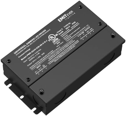 Emitever 30W Dimmable LED Driver, 24V Triac Dimmable Power Supply, AC to DC Converter for LED Light, Compatible with Lutron and Leviton Dimmer, Waterproof IP67 and UL Listed, Class 2