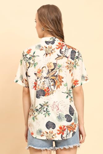 Image of Womens Casual Shirt Soft Beach Shirts Floral Tropic Print V Neck T-Shirt Short Sleeve Button Up Tops (WMS1 Cream M)