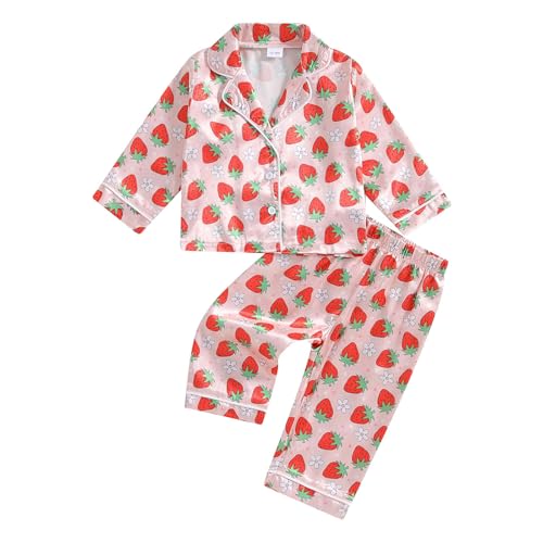 Kids Girls Pajamas Baby Short/Long Sleeve Lapel Button Down Tops Pants Satin Sleepwear Silk Fall Spring Loungewear (Y Strawberry Pink, 2-3 Years)