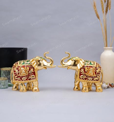 Image of Elephant Idol Gold Plated Gajantlaxmi Showpiece Figurine Vastu Lucky Decorative Showpiece Items for Home Living Room Office Desktop & Gifting Table Article,Animal 2 pcs Jumbo Size (8 Inch)