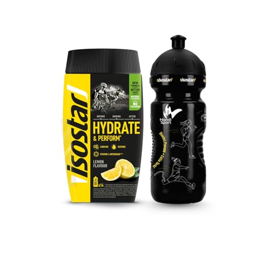 ISOSTAR Hydrate & Perform Zitrone Isotonisches Sportgetränk mit Energie Elektrolyten & Vitamin C/B1 Für Laufen Radfahren & Trail 560 g + Trinkflasche 650 ml