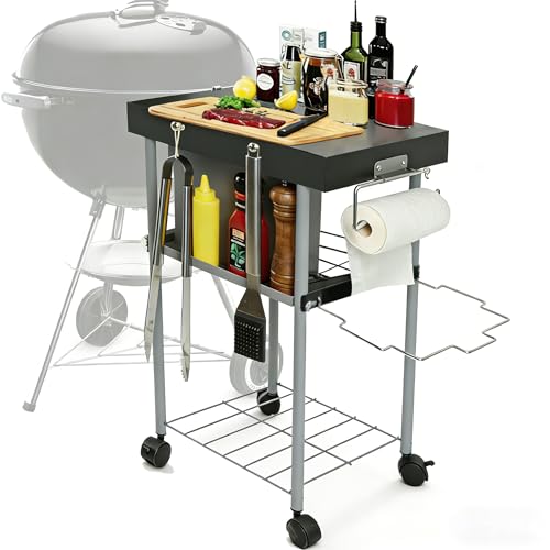 Rolling Grill Side Table Cart for 18/22 Weber Charcoal Kettle Grills - Outdoor Prep Stand with Wheels Mesh Storage Racks for Backyard BBQ Camping Parties