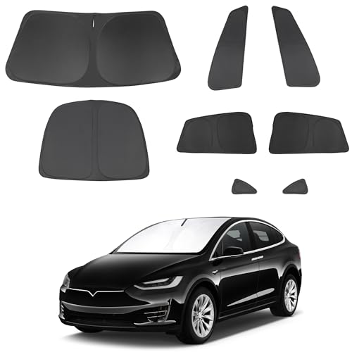 8PCS Windshield Sun Shade Custom Fit for 2016-2024 2025 Tesla Model X Accessories Foldable Sunshade Side Rear Window Shade Cover Full Set Privacy Protection Keeps Car Cool