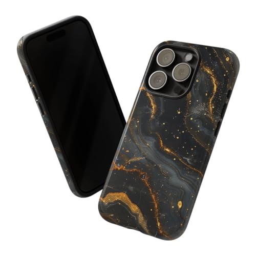 Coque rigide iPhone 15 Pro brillante marbrée noire et dorée premium - 2