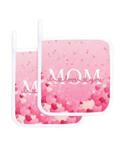 2 Packs Best Mom Pot Holders Sets for Kitchen,Oven Pan Plate Bowl Pads Heat Proof Mat with Hanging Loop,Thick Terry Cloth Potholders Non Slip Soft Grip Happy Mother's Day Ombre Pink Love Heart