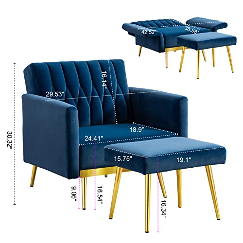 Paddie Modern Velvet Single Sofa Chair With Ottoman, Accent Living Room Chairs With Adjustable Armrests, Upholstered Tufted Lounge Chair For Home, Bedroom, Office #TOP1