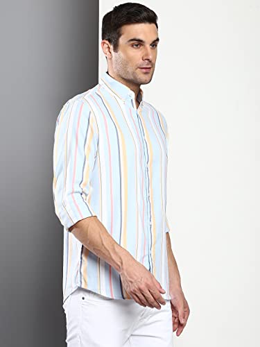 Image of Dennis Lingo Men's Striped Slim Fit Oxford Cotton Casual Shirt with Button Down Collar & Full Sleeves