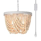Plug in Chandelier Wood Beaded Chandelier with 20 Foot Hanging Cord 3 Light Boho Light Fixtures Ceil