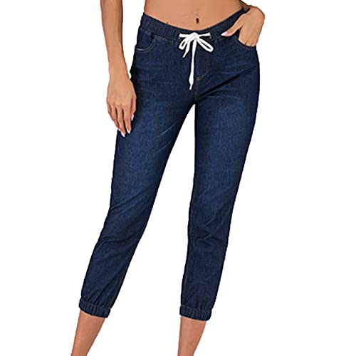 Maiyifu-GJ Women's Elastic Waist Denim Joggers Jeans Casual Drawstring Stretch Jeans Skinny Workout Jean Trousers Leggings (Dark Blue 2,Medium)