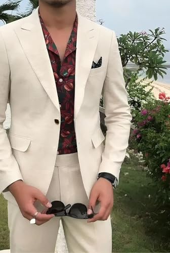 Suits for Men 2 Piece Linen Suit for Men Slim Fit Beach Wedding Set for Groom One Button Blazer Pant3