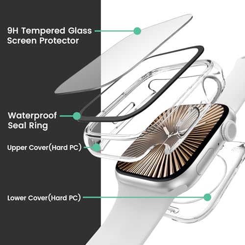 Image of 3 in 1 Goton Waterproof Hard Case for Apple Watch Screen Protector 46mm, 360 Slim Full Protective Tempered Glass Face Cover + Back Hard PC Bumper for iWatch Series 11 /10, 46mm Clear