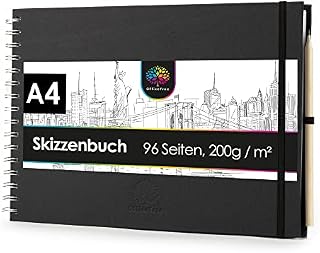 OfficeTree A4 Sketchbook Spiral Bound - Landscape - 96 Pages 48 Sheets - Sketchbook A4 200g - White Plain Paper - Drawing Book - Sketchbook A4 for Drawing - Sketchbook Including Pencil