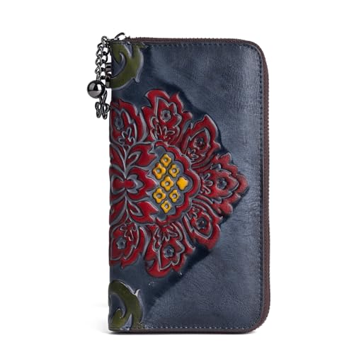 Women Long Wallet Vintage Embossing Ethnic Style Card Holder Genuine Leather Clutch Large Capacity Multi Pocket Purse (Black)
