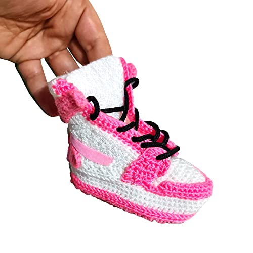 Handmade Pink Crochet Baby Sneaker Slippers, Jordans-Inspired Design, Newborns & Toddlers, Customizable Gifts, Walker Soft Plush Shoes