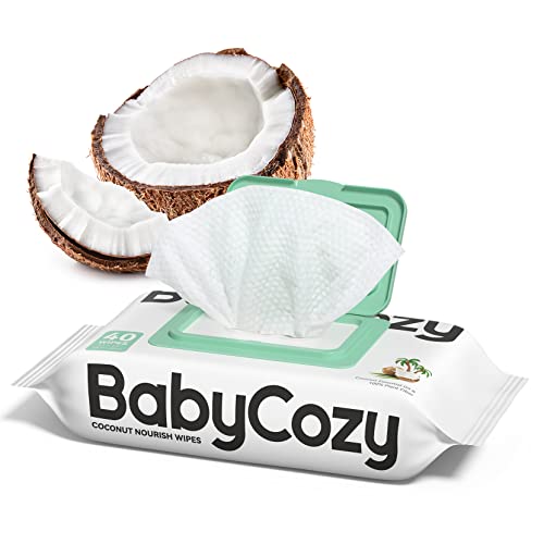 Toallitas húmedas para bebés, nueva fórmula de loción, toallitas limpiadoras y nutritivas 2 en 1 Toallitas BabyCozy, extracto de coco, 40 unidades sensibles, extraídas de coco, 40 unidades