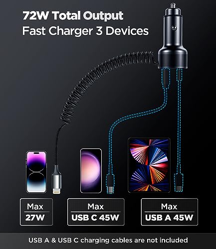 iPhone Car Charger, 72W 3-Port Car Charger with 6FT Lightning Coiled Cable - image 8