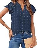 BUNSLOOM Bluse Damen V Ausschnitt Kurzarm mit Rüschen Sommer Elegant Schweizer Punkt Tunika Tops Blau L