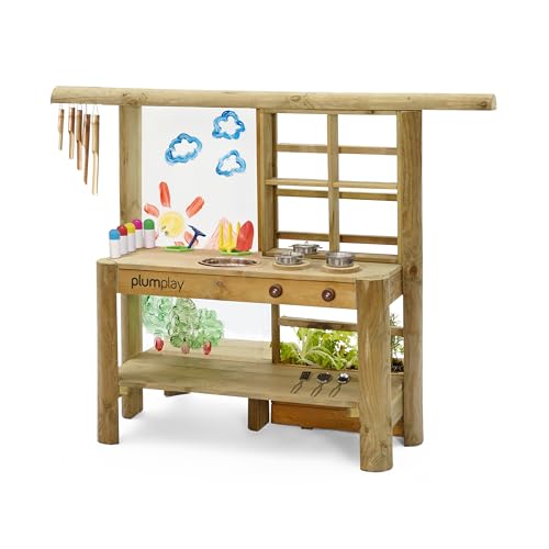 Plum® Discovery Mud Pie Kitchen for Kids Outdoor Toys - Play Toy Kitchen with Accessories, Wooden Kids Playset, with Built-in Gardening Planter and Painting Easel for Kid Age 3+