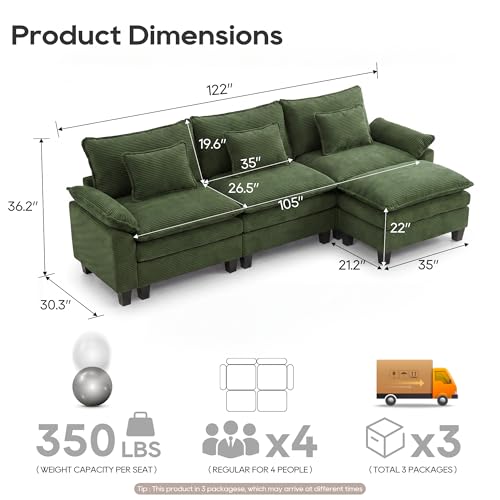 Image of URRED Oversized Modular Sectional Sofa，Solid Green：122 inch L Shaped