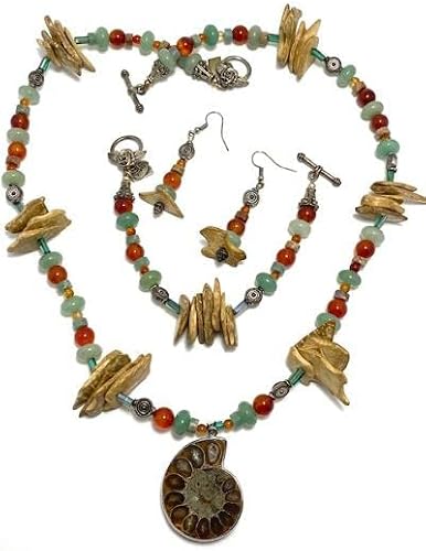 Handmade Jewelry Set - Ammonoidea Pendant in .925 Sterling W/Aventurine, Cornelian, Snake Skin Jasper, Coconut Shell, Glass & Pewter on Stainless Steel Wire # 139