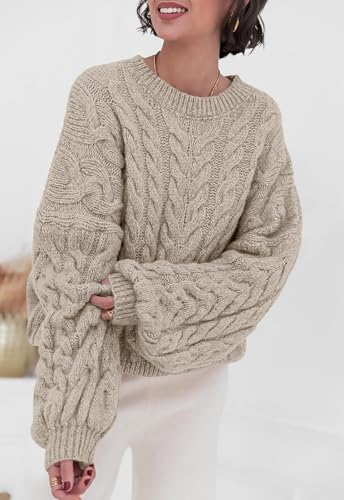 Image of PRETTYGARDEN Womens Sweaters Spring 2026 Cable Knit Long Sleeve Crewneck Oversized Sweater Chunky Pullover Loose Outfits