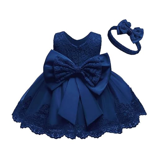 Baby Girl Christening Tutu Lace Dress with Headwear Little Princess Lace-Trimmed Colour-Block Baby First Birthday Dress Infant Girls' Formal Dresses Pageant Baptism Wedding Formal Bowknot Dark Blue