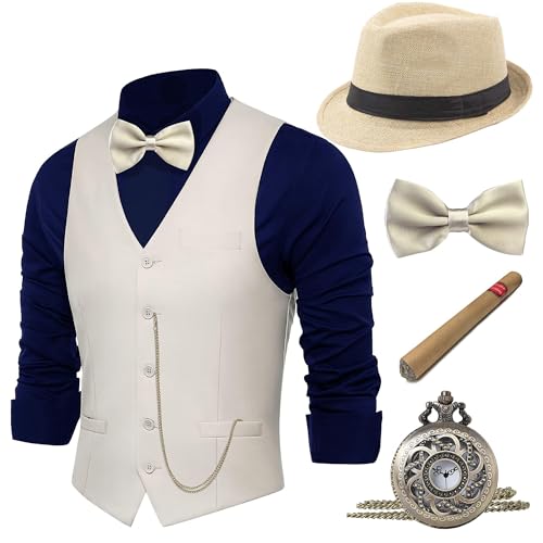 BABEYOND 1920s Mens Costume, Gatsby Gangster Costume Accessories Set For Men, 1920s Mens Outfit with Fedora Hat Vintage Vest Bowtie Plastic Cigar Pocket Watch Armbands