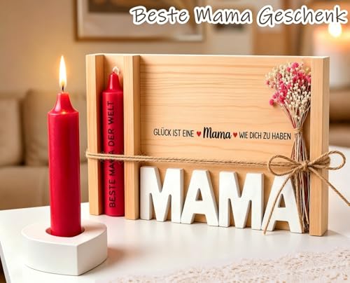 TUZELIYA Mama Geschenk - Kerzenset mit Herzkerzenhalter Trockenblumen in Holzbox - Geschenke für Mama zum Geburtstag, Mutter Geburtstagsgeschenk
