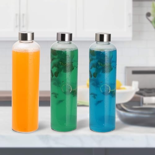Image of SIMPARTE Borosilicate GlassWater Bottles 500ml | Leak-Proof, Freezer Safe, Wide Mouth | Stainless Steel Cap | Ideal for Office, School, Travel | Set of 3