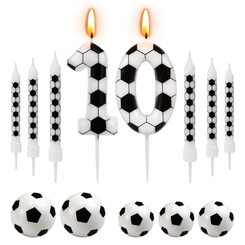 10th Soccer Birthday Candles, 12 Pcs Soccer Themed Birthday Party Decorations, Number 10 Football Cake Topper for Boys Girls Kids Sport-Theme Party Supplies (Modern)