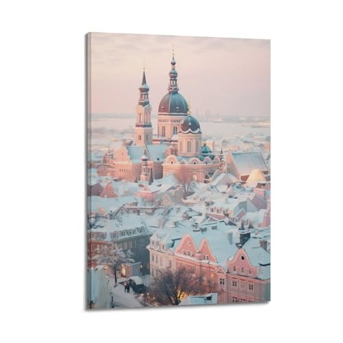 Poster paysage urbain sous la neige pour salon moderne chic en toile