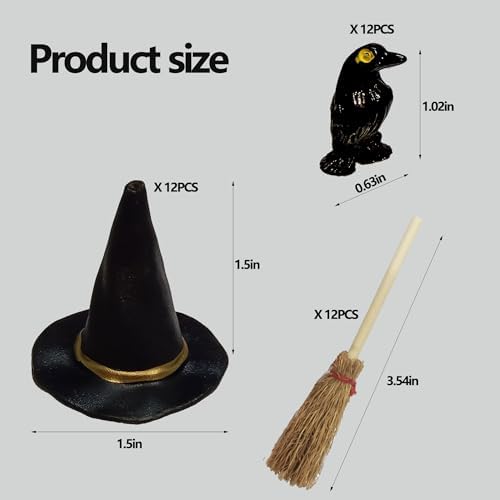 36 Pcs Mini Witch Hats Small Straw Brooms and Miniature Resin Crows Tiny Witch Accessories Set Dollhouse Table Decorations for Cupcake Topper DIY Crafts Halloween Decor Supplies image 5