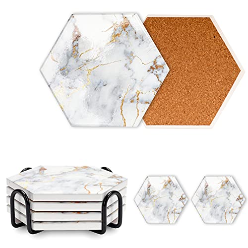 Lot de 4 dessous de verre en marbre avec support, en céramique, dessous de verre en liège pour protection de table, convient pour tous les types de tasses, table en bois, 10,2 cm Cover