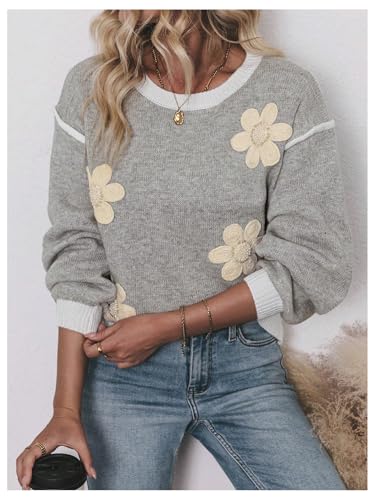 Image of RoseSeek Women's 3D Floral Appliques Crewneck Sweaters Long Sleeve Drop Shoulder Pullovers Elegant Knit Tops
