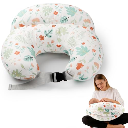 Cojín de lactancia pequeño en forma de luna, cojín de lactancia y almohada para mamás y bebé, con correa ajustable, borde de seguridad y cojín interior, funda extraíble de algodón, verde menta - verde