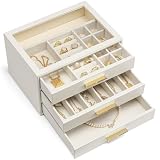 VLANDO Jewelry Box for Women, 3-Layer Jewelry Organizer with Drawers, Glass Lid Display Jewelry Storage, Soft PU Leather Exterior, Contrast Gold Metal Handles, Refined Style - Beige