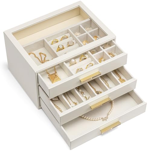 VLANDO Jewelry Box for Women, 3-Layer Jewelry Organizer with Drawers, Glass Lid Display Jewelry Storage, Soft PU Leather Exterior, Contrast Gold Metal Handles, Refined Style - Beige