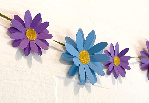 Image of Blue Daisy Flowers Paper Decoration. Included 18 Paper Flowers, Needle, 10 feet Satin Ribbon for Flower Garland and Sticky Foam Squares for Wall Decor.