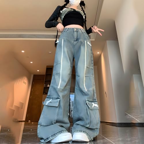 Grunge Y2K Kawaii Gothic Clothes Casual Straight Wide Leg Vintage White Lace Bows Decor Cargo Jeans for Women2