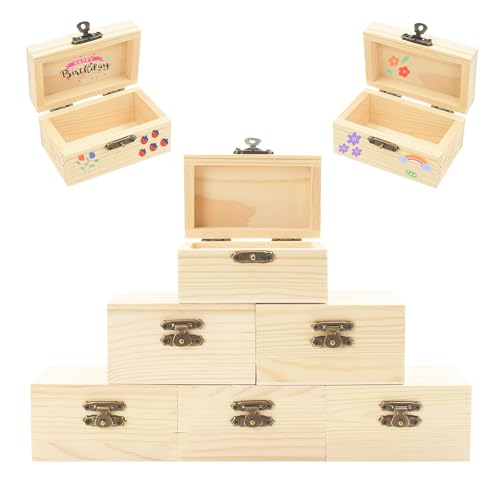 AolKee 6 cofres del tesoro para cumpleaños infantiles, cajas pequeñas de madera con tapa y cierre de metal, cofre del tesoro para cumpleaños infantiles, cajas de madera para manualidades, planas, 9 x