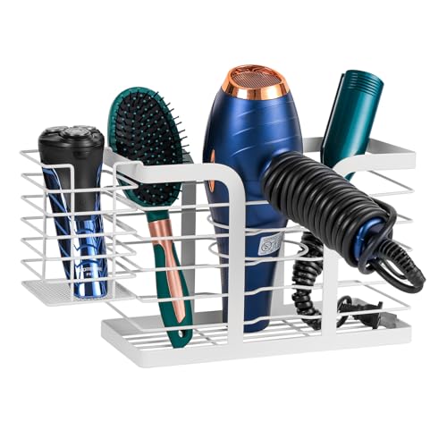 YUET Hair Dryer Holder Station/Wall Mounted,With Self Adhesive Pads No Drill,Hairdryer Tools Organizer,Hair Accessories Organiser Storage for Hair Brushes,Straightener,Flat Iron,Curling Wand White
