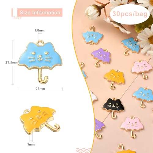 Stiesy 30Pcs 6 Colors Enamel Umbrella Charms Pendants Cute Cat Shape Umbrella Charms Colorful Umbrella Dangle Charms for Jewellry Making DIY Crafts - Image 2