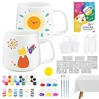 RoaGain Tassen Bemalen Set, Keramik Bemalen Set für Anfänger - (inkl. 2 Tassen, 6 Schablonen, 12 Farben, Schürzen, Tischdecke & Ärmelschonern), Tassenmalset für Erwachsene