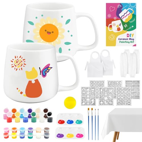 RoaGain Tassen Bemalen Set Keramik Bemalen Set für Anfänger - (inkl. 2 Tassen 6 Schablonen 12 Farben Schürzen Tischdecke & Ärmelschonern) Tassenmalset für Erwachsene