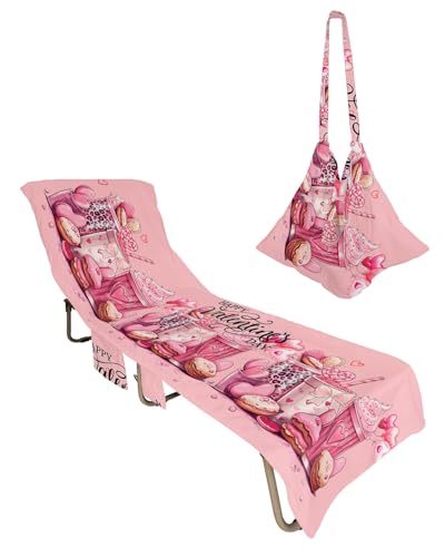 Pink Valentines Day Beach Lounge Chair Towel Cover, Soft Chaise Lounge Towel with Side Pockets Patio Pool Chairs Cover for Beach/Pool Sunbathing 29x85 Love Heart Desserts Coffee